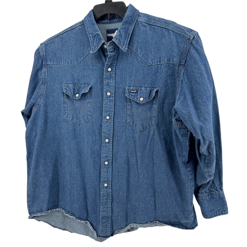 Wrangler Denim Western Shirt‎ Mens 19x35 Blue Pearl Snap Raw Hem Cowboy Workwear